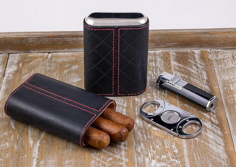 3-Cigar Leather Travel Case – Black with Diamond Stitch Pattern