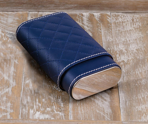 3-Cigar Leather Travel Case – Diamond Stitch Pattern – Blue