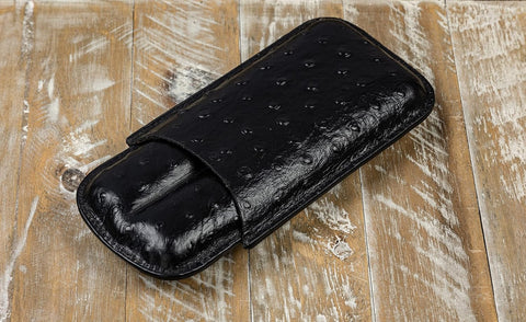 2-Cigar PVC Leather Travel Case – Ostrich Style Pattern in Black