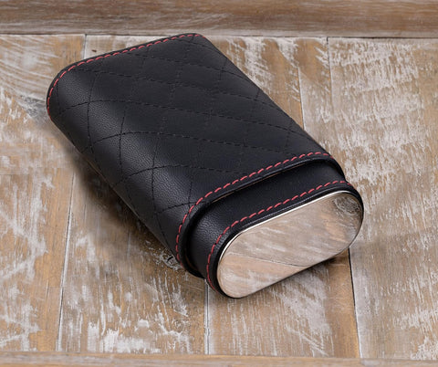 3-Cigar Leather Travel Case – Black with Diamond Stitch Pattern