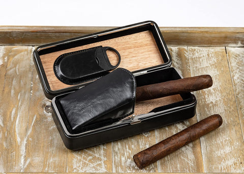 Luxury 3-Cigar Folding Leather Travel Case with Cutter – Black