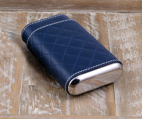 3-Cigar Leather Travel Case – Diamond Stitch Pattern – Blue