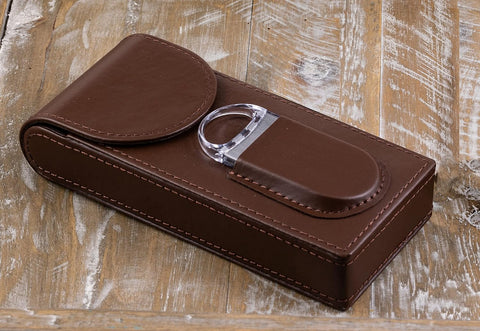 Flip Top Magnetic Closure 3-Cigar Leather Case with Cutter – Brown