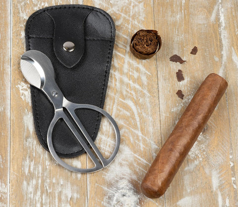 Stainless Steel Cigar Scissors with Black PVC Leather Pouch