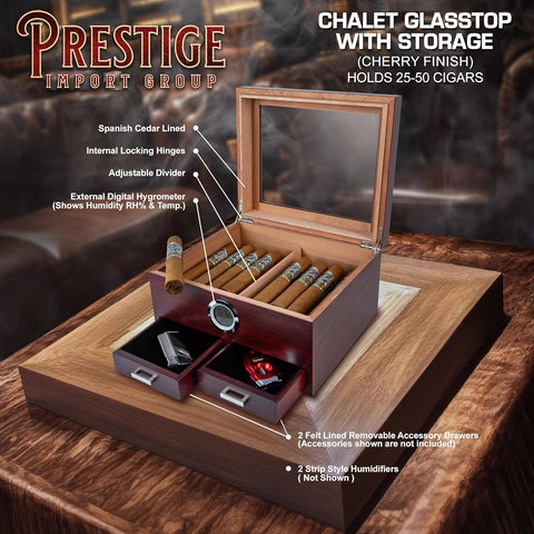 Chalet Cherry Glass Top Cigar Humidor – 25-50 Capacity, Digital Hygrometer