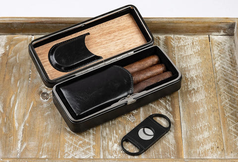 Luxury 3-Cigar Folding Leather Travel Case with Cutter – Black