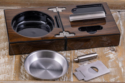 Prestige Folding Walnut Cigar Ashtray Set with Cutters & Reservoir
