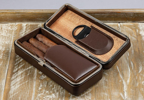 3-Cigar Folding Leather Travel Case with Snap Lock – Brown