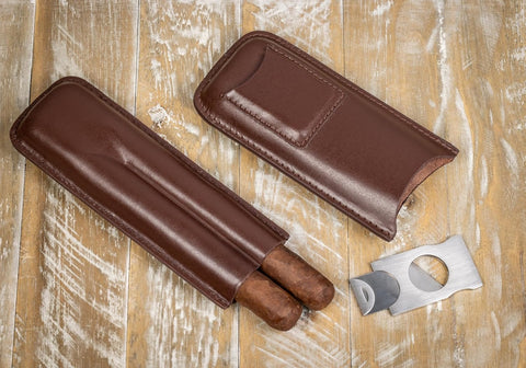 Leather 2-Cigar Case with Stainless Steel Guillotine Cutter – Brown