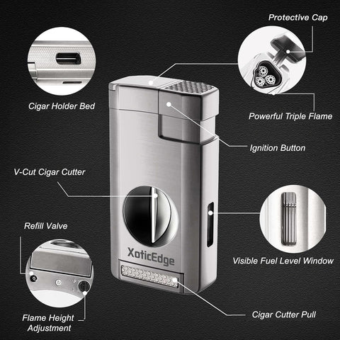 Lumina Triple Torch Lighter with Built-In V-Cut Cutter – Gunmetal Gray