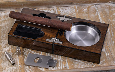 Prestige Folding Walnut Cigar Ashtray Set with Cutters & Reservoir