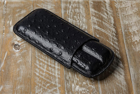 2-Cigar PVC Leather Travel Case – Ostrich Style Pattern in Black