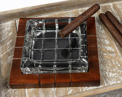 Prestige Import Group Wood & Crystal Cross-Hatched Ashtray