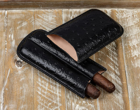 2-Cigar PVC Leather Travel Case – Ostrich Style Pattern in Black
