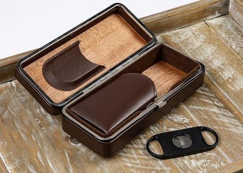 3-Cigar Folding Leather Travel Case with Snap Lock – Brown