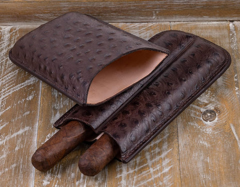 2-Cigar PVC Leather Travel Case – Ostrich Style in Brown