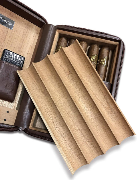 Brown Travel Cigar Humidor Set – Includes Humidifier, Cutter & Lighter