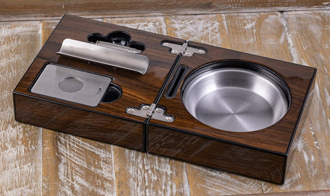 Prestige Folding Walnut Cigar Ashtray Set with Cutters & Reservoir