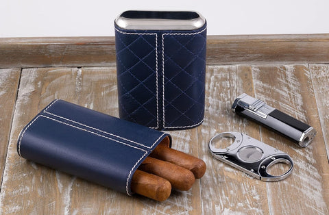3-Cigar Leather Travel Case – Diamond Stitch Pattern – Blue