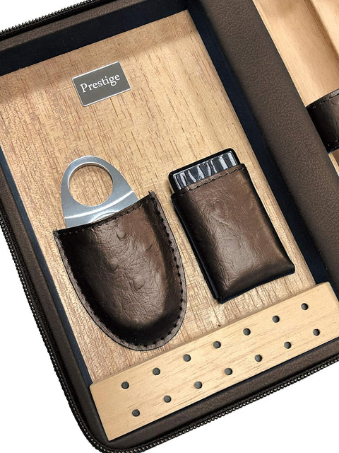Brown Travel Cigar Humidor Set – Includes Humidifier, Cutter & Lighter