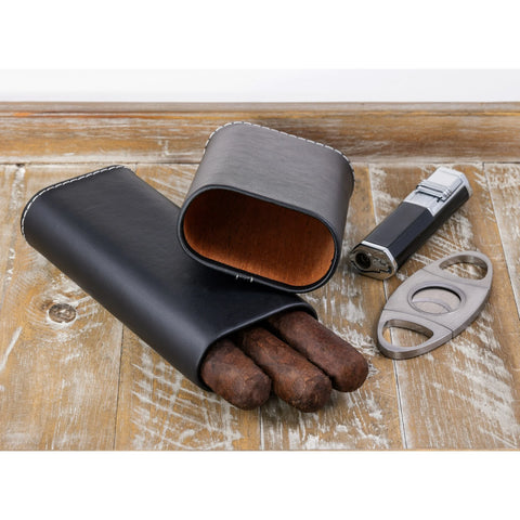 Luxury 3-Cigar Folding Leather Travel Case with Cutter – Black