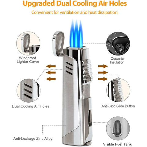 Pinnacle Triple Jet Torch Lighter with Fold-Out Cigar Punch – Silver Finish