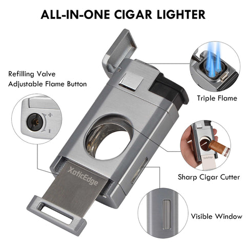 High-Line Triple Torch Lighter with Built-In Dual Guillotine Cutter – Silver Finish