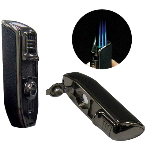 Olympus Wind-Resistant Triple Flame Torch Lighter with Built-In Punch Cutter – Black Stone
