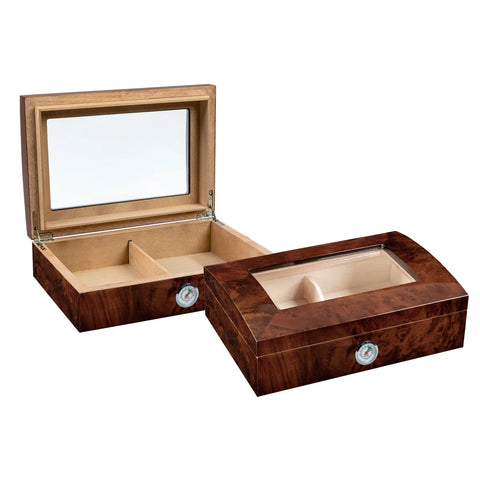 Addison Cigar Humidor – 40 Count Capacity – Walnut Burl Gloss Finish with Arc Top & Beveled Glass