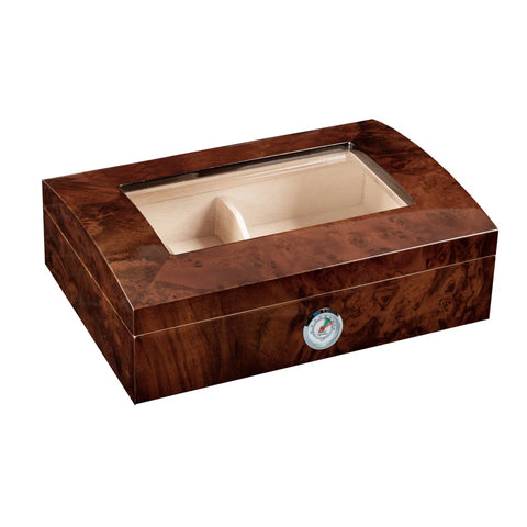 Addison Cigar Humidor – 40 Count Capacity – Walnut Burl Gloss Finish with Arc Top & Beveled Glass