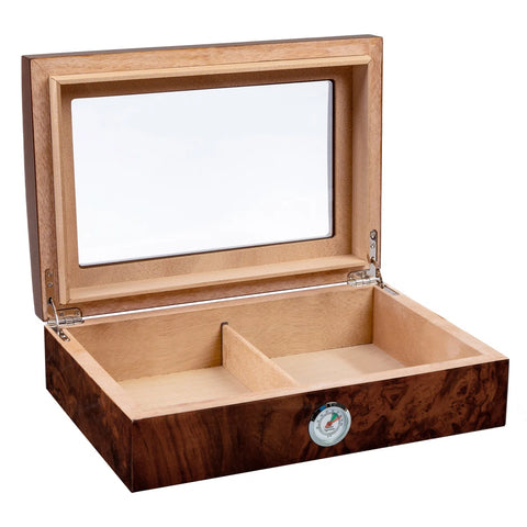Addison Cigar Humidor – 40 Count Capacity – Walnut Burl Gloss Finish with Arc Top & Beveled Glass