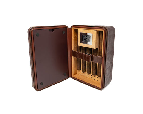 Manhattan XL Brown Crocodile Leather Travel Cigar Case Gift Set – 10–20 Cigar Capacity with Accessories