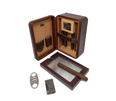 Manhattan XL Brown Crocodile Leather Travel Cigar Case Gift Set – 10–20 Cigar Capacity with Accessories