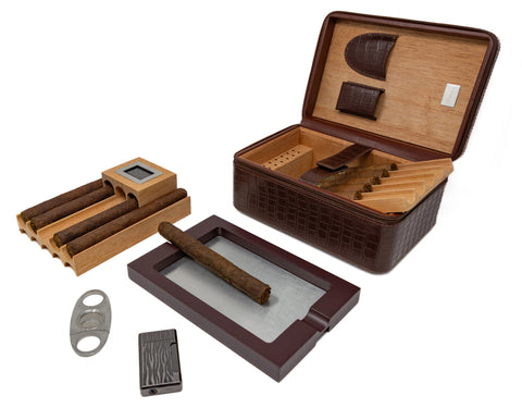 Manhattan XL Brown Crocodile Leather Travel Cigar Case Gift Set – 10–20 Cigar Capacity with Accessories