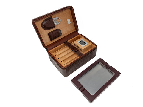 Manhattan XL Brown Crocodile Leather Travel Cigar Case Gift Set – 10–20 Cigar Capacity with Accessories