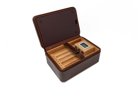 Manhattan XL Brown Crocodile Leather Travel Cigar Case Gift Set – 10–20 Cigar Capacity with Accessories