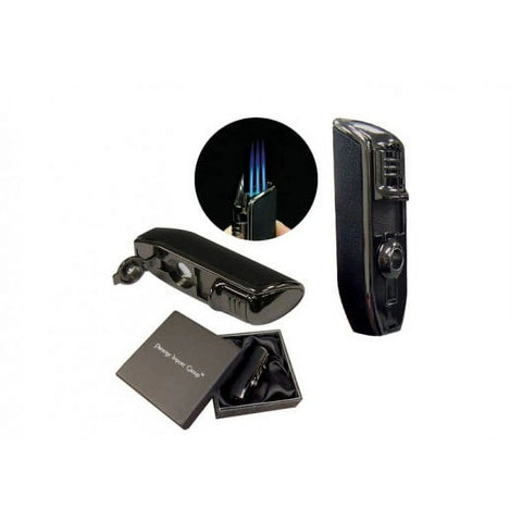 Olympus Wind-Resistant Triple Flame Torch Lighter with Built-In Punch Cutter – Black Stone