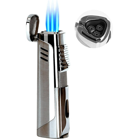 Pinnacle Triple Jet Torch Lighter with Fold-Out Cigar Punch – Silver Finish