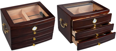 Regent Glass Top Cigar Humidor – 75 Cigar Capacity – Rich Mahogany Finish with Drawers