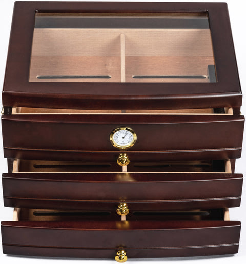 Regent Glass Top Cigar Humidor – 75 Cigar Capacity – Rich Mahogany Finish with Drawers