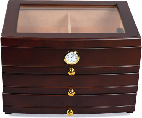 Regent Glass Top Cigar Humidor – 75 Cigar Capacity – Rich Mahogany Finish with Drawers