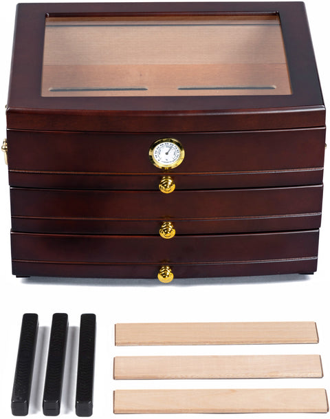 Regent Glass Top Cigar Humidor – 75 Cigar Capacity – Rich Mahogany Finish with Drawers