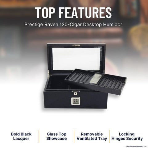Dakota Black Glass-Top Humidor – 120 Cigar Capacity with Polished Chrome Accents