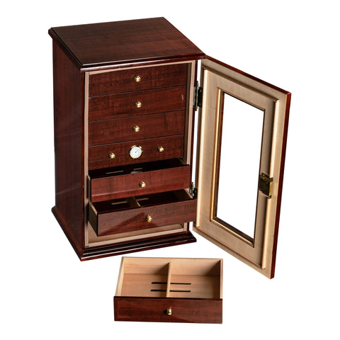 Charleston 7-Drawer Swing Door Cigar Humidor – Gloss Cherry – 210 Cigar Capacity