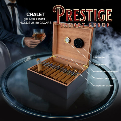 Chalet Black Desktop Cigar Humidor – Premium Cedar Lined, Holds 25–50 Cigars