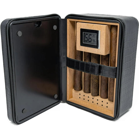 Manhattan XL Travel Cigar Humidor Set – Black (with Hygrometer, Ashtray, Cutter, Lighter & Humidifier)