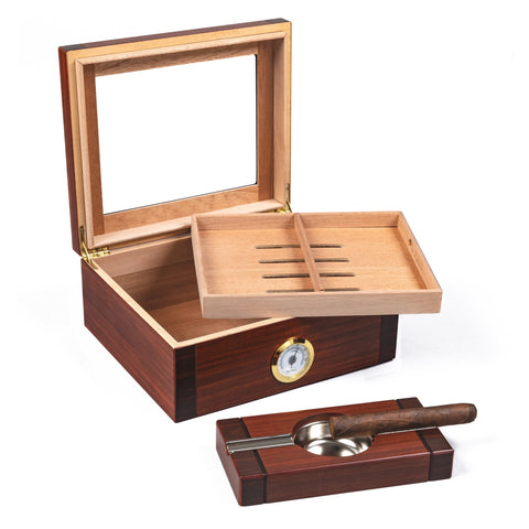 Sovereign 50 Count Two-Tone Humidor & Matching Ashtray Set – Cherry & Rosewood Finish