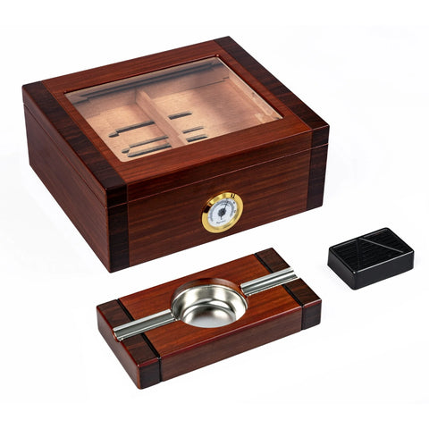 Sovereign 50 Count Two-Tone Humidor & Matching Ashtray Set – Cherry & Rosewood Finish