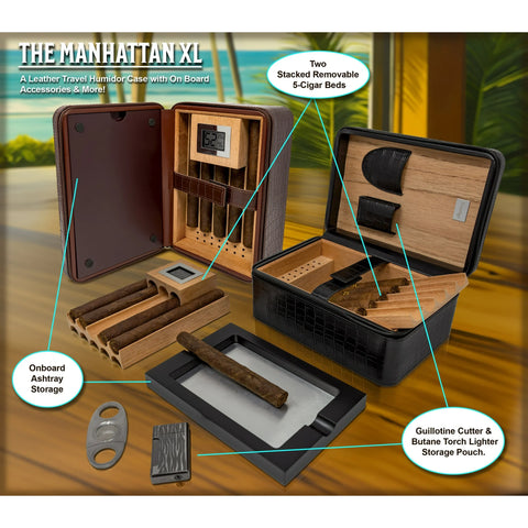 Manhattan XL Travel Cigar Humidor Set – Black (with Hygrometer, Ashtray, Cutter, Lighter & Humidifier)
