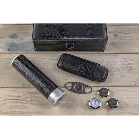 Alligator Pattern Leather Cigar Humidor Gift Set – Black – 25 Cigar Capacity
